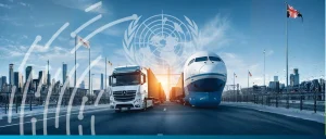 A truck and airplane transport negotiable cargo documents along a road, with cityscapes, flags, and the UN logo in the background, highlighting the importance of the UN Convention on Negotiable Cargo Documents