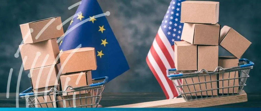 United States and European Union flags representing the 2025-2026 trade deal that establishes a 15% tariff ceiling on EU exports, including cars and semiconductors, in exchange for zero tariffs on US industrial goods.