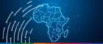 A glowing blue digital map of Africa overlaid with circuit board patterns and connected network nodes, set against a dark blue background with abstract data motion lines.