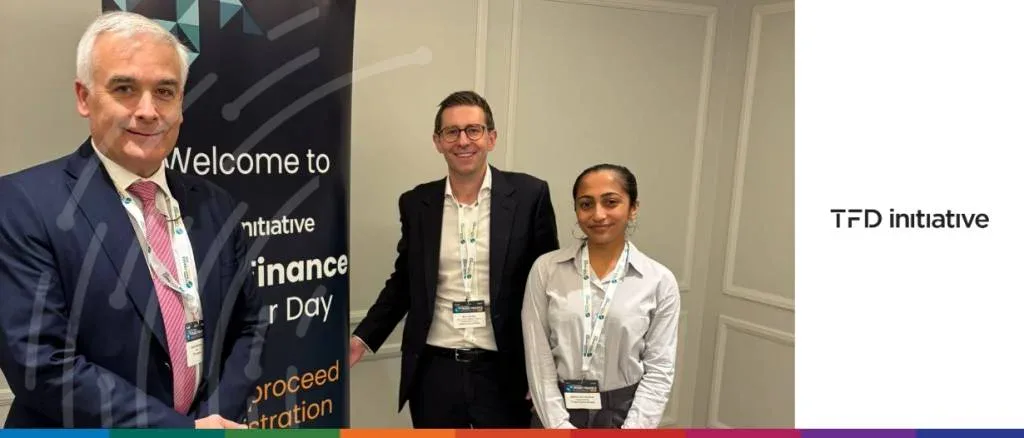 Video interview thumbnail titled "Trade finance: The cool kid in (asset) class," featuring the Trade Finance Distribution (TFD) Initiative logo and branding against a sleek dark background.