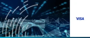A futuristic digital landscape with glowing blue lines and geometric shapes, suggesting a network or data visualization.