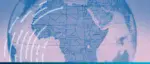 A blue-toned globe centered on the African continent with white digital journey lines, representing the expansion of trade networks and digital connectivity in Africa.