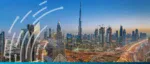 Burj Khalifa and Downtown Dubai skyline with white graphic overlays, illustrating the convergence of technology and transaction banking in the world