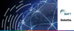 Digital 3D globe visualization showing global connectivity networks over Europe and Africa for a collaborative trade finance initiative by BAFT and Deloitte.