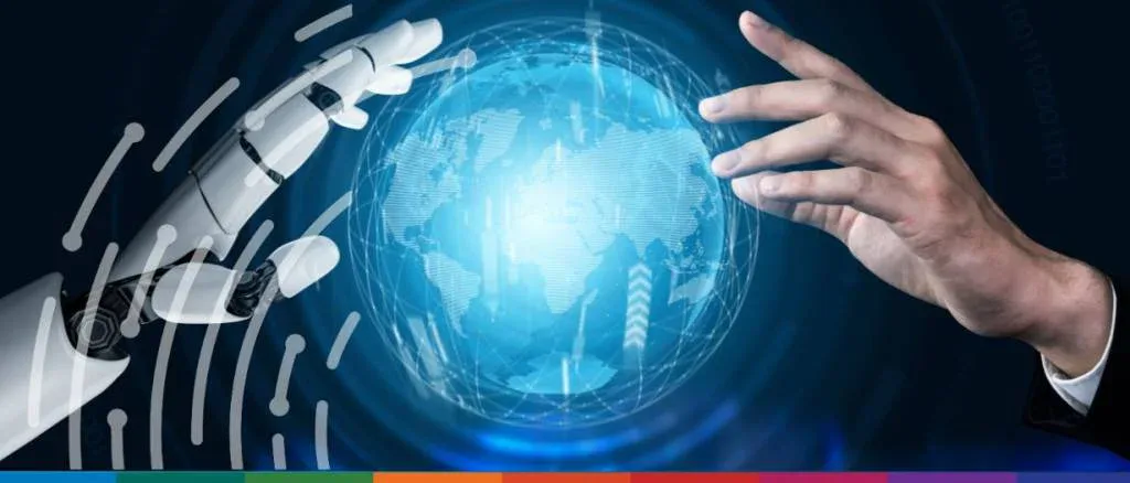 A robotic hand and a human hand reaching toward a glowing digital globe, symbolizing the integration of artificial intelligence (AI) and human expertise in global customs compliance and trade.