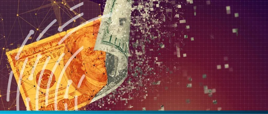 A digital illustration of two smartphones transferring a glowing gold coin across a blue global network, representing the speed and efficiency of digital currency in international trade and cross-border payments.