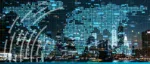 Conceptual blue graphic of a global network and binary code, symbolizing digital trade facilitation, e-commerce, and secure cross-border data flows.