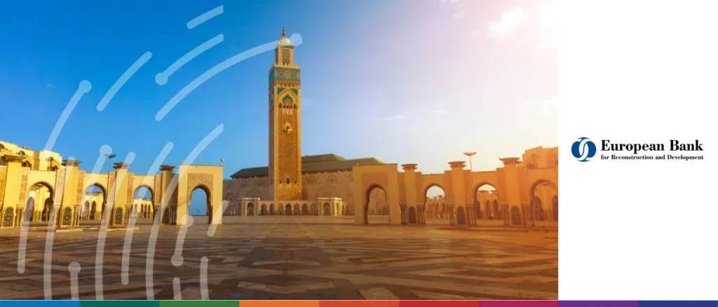 Hassan II Mosque with EBRD and TFG branding for a report on Moroccan trade finance, digitalization, and regional market transitions.