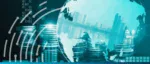 A teal-toned digital illustration of stacks of coins and binary code overlaid on a transparent globe and a modern cityscape, representing the integration of embedded finance into global digital banking.