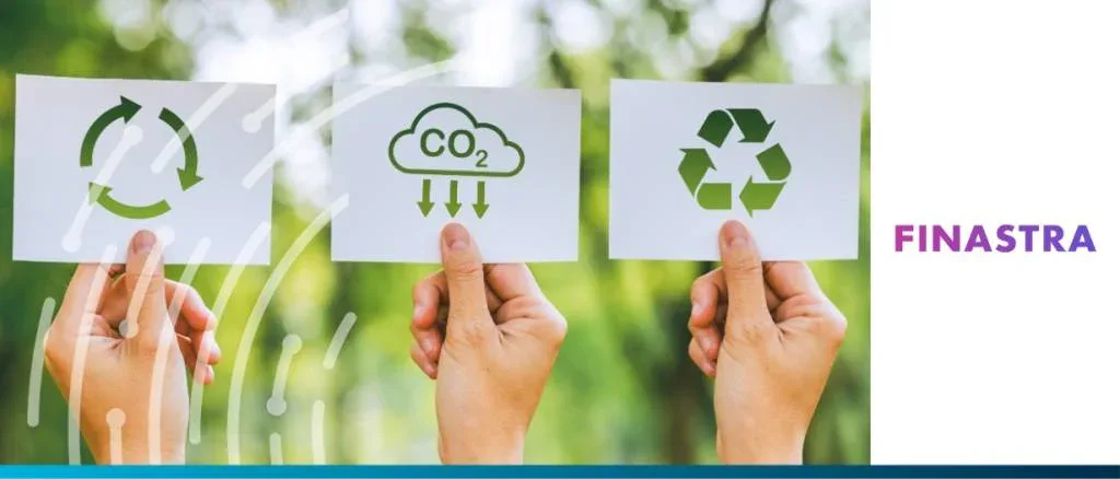 Three hands holding cards with green recycle, CO2 reduction, and sustainability icons next to the Finastra logo to illustrate ESG initiatives in the financial sector.