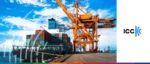Cargo ship being loaded at a port with orange cranes and ICC logo, representing Incoterms 2020 rules for international shipping and freight.