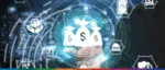 Digital payments industry interface featuring glowing icons for money bags, secure bank transactions, and financial data processing against a city skyline.