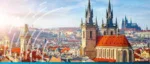 Prague city landscape with a digital networking overlay and rainbow gradient footer.