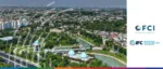 Aerial view of Tashkent skyline with IFC and FCI logos, highlighting development finance and factoring in Central Asia.